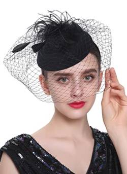 Damen Feder Fascinator Haarklammer Hochzeit Cocktail Netzschleier Elegant Haarclip Haarreif Mini-Hut Kopfbedeckung (Schwarz) von QDC