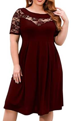 Damen Übergröße Kleid Freizeitkleid A Linie Swing Minikleid Elegant Skaterkleid Partykleid Spitzekleid Winrot 3XL von QDC