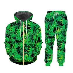 3D Green Hanf Leaf Weed Set, Casual Streetwear Sweatshirt und Hose, Herren Damen Trainingsanzug Hoodie Pullover, Zhpa01824, XXXL von QEDCVS