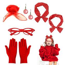 QEEQPF 6 1950er Jahre Damenbekleidung Accessoires, Chiffon Schal Stirnband Brille Handschuhe Ohrringe für Damen Vintage Party Wear (Rot) von QEEQPF