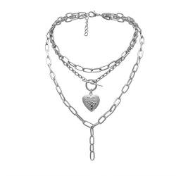 QEPOL Cool Punk Chunky Chain Statement Necklace for Women Girls Heart Shaped Photo Locket Pendant Layered Choker Necklace Jewelry personalized heart locket necklace (Silber) von QEPOL