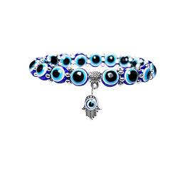 Vintage Blue Beads Evil Eyes Armband Hamsa Hand von Fatima Lucky Bracelet für Mädchen Frauen Charm Stretch Armbänder Achat Kristalle Bunte Judentum Glück Schmuck (8) von QEPOL