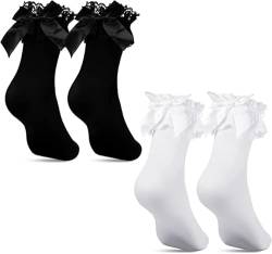 QESSUVNC 2 Paar Rüschen Socken Damen Spitze Knöchel Socken Kawaii Shoes Socke Schleife Prinzessin Socken für Lolita Dress Frauen Mädchen Kleidung Kostüm Schmücken von QESSUVNC