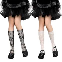 QESSUVNC 2 Paar Spitze Strümpfe Damen Fischnetz Stockings JK Lolita Socken Mädchen Lace Halterlose Netzstrümpfe Weiß Schwarz von QESSUVNC