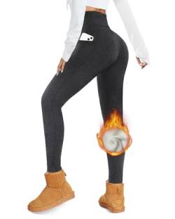 QGGQDD Fleece gefütterte Leggings Damen mit Taschen - Schwarz Hohe Taille Winter Warm Thermo Leggings für Yoga Workout Laufen, grau dunkel meliert, Groß von QGGQDD