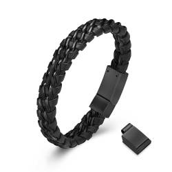 QGJNSGC Urnenarmband für Asche für Männer Geflochtenes Lederarmband Rostfreier Stahl Einäscherungs-Schmuck Handgelenk Band Manschette Wrap Rope Armreif (21zm, Schwarz) von QGJNSGC