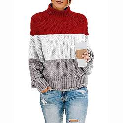 QI_LIANG Women Sweaters Striped Long Sleeve Jumper Crew Neck Casual Knitted Pullover Tops Red Small von QI_LIANG