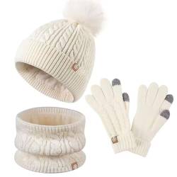 QI YUAN 3 in 1 Mütze, Schal & Handschuh-Sets für Kinder, Winter Strick Beanie Mütze Handschuhe Loop Schal Set für Mädchen Jungen (Beige) von QI YUAN