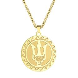 QIAMNI 316L Edelstahl Münzhalskette für Poseidon Griechischer Gott des Meeres Anhänger/Dreizack Talisman Halskette Anhänger Unisex (Gold) von QIAMNI