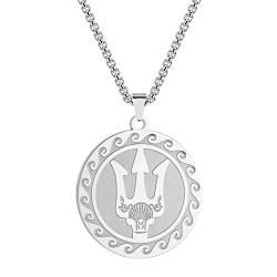 QIAMNI 316L Edelstahl Münzhalskette für Poseidon Griechischer Gott des Meeres Anhänger/Dreizack Talisman Halskette Anhänger Unisex (Silber-) von QIAMNI