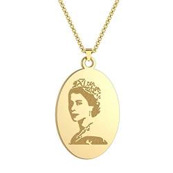 QIAMNI Queen Elizabeth II Commemorate Anhänger Halskette Edelstahl Runde Münze Halskette Schmuck für Frauen Mädchen (Gold-3) von QIAMNI