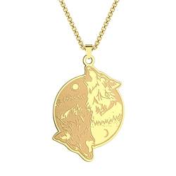 QIAMNI Viking Yin Yang Wolf Halskette für Männer Freundschaft Edelstahl Tai Chi Anhänger Halsketten für Frauen Gold Silber Anhänger Kette Schmuck (Gold-5) von QIAMNI