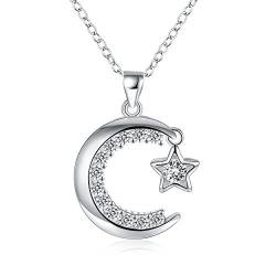 QIANDI Silber Diamant Anhänger Halskette S925 Kristall Moon Star rund Cubic Zirkonia Schmuck von QIANDI