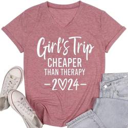 Mädchen Trip Cheaper Than Therapy T-Shirt Frauen Lustiger Brief Druck Kurzarm V-Ausschnitt T-Shirt Sommer Urlaub Tees, 2024 - Pink, Mittel von QIANRUO