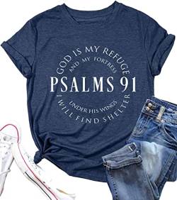 Psalms 91 Jesus Love T-Shirt Frauen Lustiger Brief Drucken Religiöses Christliches Hemd Kurzarm Casual Gesegnet Tees Tops, Blau, Klein von QIANRUO