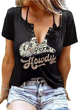 V-Ausschnitt Howdy T-Shirt Damen Western Country Cowboy Shirts Vintage Rodeo Cowgirl Tee Tops Leopard Honig Hut T-Shirt, Schwarz, Groß von QIANRUO