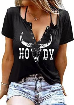 V-Ausschnitt Howdy T-Shirt Damen Western Country Cowboy Shirts Vintage Rodeo Cowgirl Tee Tops Leopard Honig Hut T-Shirt, Schwarz 2, Klein von QIANRUO