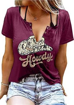 V-Ausschnitt Howdy T-Shirt Damen Western Country Cowboy Shirts Vintage Rodeo Cowgirl Tee Tops Leopard Honig Hut T-Shirt, Violett, Mittel von QIANRUO