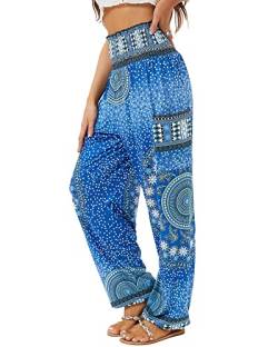 QIANXIZHAN Damen Haremshose High Waist Yoga Boho Hose mit Taschen, Kreis blau, X-Groß von QIANXIZHAN