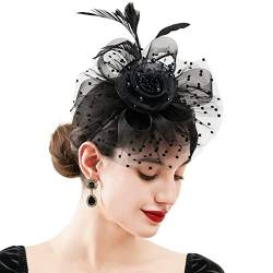 Fascinator Schwarz Damen Blumen Schleife Mesh Hochzeit Braut Elegant Fascinator Haarreif Cocktail Tee Party Wedding Church Party Hair Clip Feather Veil Mesh Headband Bowknot Fascinator Hat von QIFLY