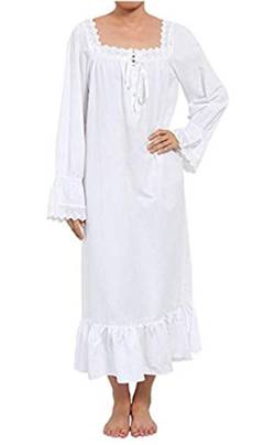 QIKEGooods 100% Baumwolle Viktorianischen Nachthemd Damen Langarm Nachthemd Frauen Pyjamas Schlaf Shirt, Lzi-weiß01, 46 von QIKEGooods