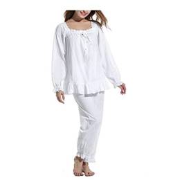 QIKEGooods 100% Baumwolle Viktorianischen Nachthemd Damen Langarm Nachthemd Frauen Pyjamas Schlaf Shirt, Weiß 02, 42 von QIKEGooods