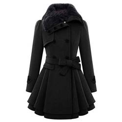 QIMANZI Mantel Kleider Damen Warm Schlank Trenchcoat Mode Kunstpelz Revers Zweireiher Jacke Parka Wintermante Lange acke Winter Outwear(B Schwarz,M) von QIMANZI