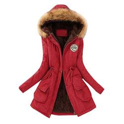 QIMANZI Winterparka Fellkapuze Damen Jacke Mantel Dicke Winterjacke Lange Kapuzenjacke Fell Kragen Felljacke Outdoorjacke Übergangsjacke Coat(Rot,6XL) von QIMANZI