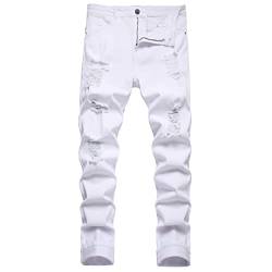 QIMYUM Herren-Jeans, zerrissene Destroyed Slim Fit Straight Leg Denimhose, Weiß 7021, 46 von QIMYUM