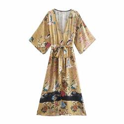 QINKO Damenmode mit Gürtel Crane Print Midi Kimono Kleid Vintage Dreiviertel Ärmel Split Saum Damenkleider,1,m von QINKO
