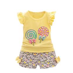 QINQNC Kleinkind Baby Mädchen Sommer Kleidung Kinder Flutter Ärmel Lolly Print T-Shirt Floral kurze Hosen Kleinkind Nette kurze Set Outfit (Yellow, 2-3 Years) von QINQNC