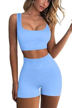 FAFOFA Workout Sets für Frauen 2 Stück Nahtlos Gerippt Crop Tank Hohe Taille Shorts Yoga Outfits, hellblau, Medium von QINSEN