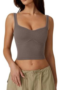 QINSEN Ärmelloses Cropped-Tanktop für Damen, gerippt, nahtlos, Sweetheart-Ausschnitt, zum Ausgehen, grau dunkel, Mittel von QINSEN