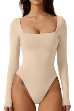 QINSEN Bodysuit-Tops für Damen, quadratischer Ausschnitt, langärmelig, doppelt gefüttertes T-Shirt, Marzipan, M von QINSEN