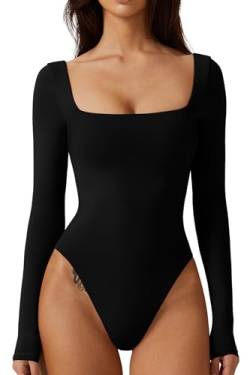 QINSEN Bodysuit-Tops für Damen, quadratischer Ausschnitt, langärmelig, doppelt gefüttertes T-Shirt, Schwarz, M von QINSEN