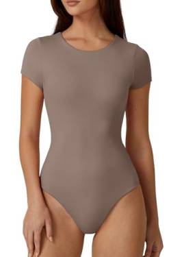 QINSEN Damen-Body mit Rundhalsausschnitt, kurzärmelig, doppelt gefüttert, Basic-T-Shirt, Rose Taupe, L von QINSEN