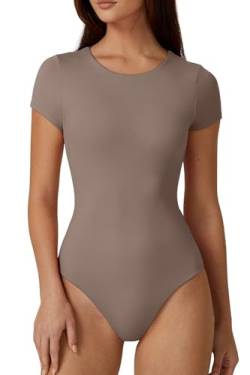QINSEN Damen-Body mit Rundhalsausschnitt, kurzärmelig, doppelt gefüttert, Basic-T-Shirt, Rose Taupe, S von QINSEN
