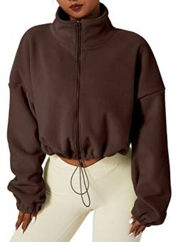 QINSEN Damen-Fleece-Jacke mit durchgehendem Reißverschluss, kurze Jacke, warm, Winter, langärmelig, Stehkragen, Sherpa-Mantel, Karamellkaffee, 38 von QINSEN