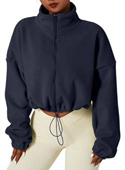 QINSEN Damen-Fleece-Jacke mit durchgehendem Reißverschluss, kurze Jacke, warm, Winter, langärmelig, Stehkragen, Sherpa-Mantel, navy, 36 von QINSEN