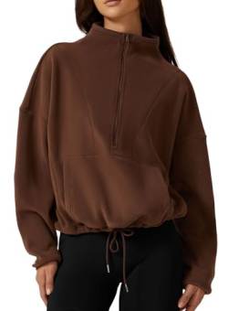QINSEN Damen-Fleece-Sweatshirt mit halbem Reißverschluss, Stehkragen, langärmelig, Winter, gemütlich, Sherpa-Pullover, Pullover Tops, Schokolade, S von QINSEN