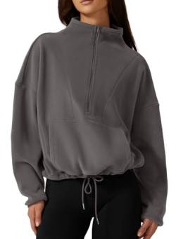 QINSEN Damen-Fleece-Sweatshirt mit halbem Reißverschluss, Stehkragen, langärmelig, Winter, gemütlich, Sherpa-Pullover, Pullover Tops, grau dunkel, L von QINSEN