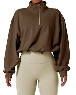 QINSEN Damen Half Zip Crop Sweatshirt High Neck Langarm Pullover Athletic Cropped Tops, Kamelbraun, L von QINSEN