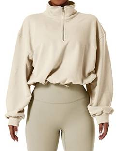 QINSEN Damen Half Zip Crop Sweatshirt High Neck Langarm Pullover Athletic Cropped Tops, aprikose, M von QINSEN
