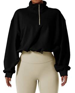 QINSEN Damen Half Zip Crop Sweatshirt High Neck Langarm Pullover Athletic Cropped Tops, schwarz, M von QINSEN
