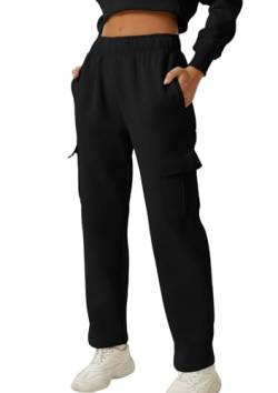 QINSEN Damen-Jogginghose mit mittlerer Taille, elastische Taille, lässige Fleece-Hose mit Taschen, Schwarz, Groß von QINSEN