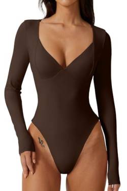 QINSEN Damen Langarm Bodysuit V-Ausschnitt Body Suits Seamed Cup Going Out Tops Shirt, Kaffeebohne, M von QINSEN