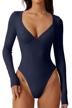 QINSEN Damen Langarm Bodysuit V-Ausschnitt Body Suits Seamed Cup Going Out Tops Shirt, Marineblau, L von QINSEN