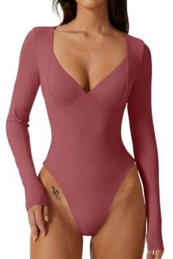 QINSEN Damen Langarm Bodysuit V-Ausschnitt Body Suits Seamed Cup Going Out Tops Shirt, Merlot, M von QINSEN