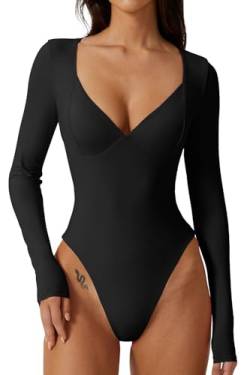 QINSEN Damen Langarm Bodysuit V-Ausschnitt Body Suits Seamed Cup Going Out Tops Shirt, Schwarz, L von QINSEN