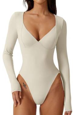 QINSEN Damen Langarm Bodysuit V-Ausschnitt Body Suits Seamed Cup Going Out Tops Shirt, Splashed Whit, L von QINSEN